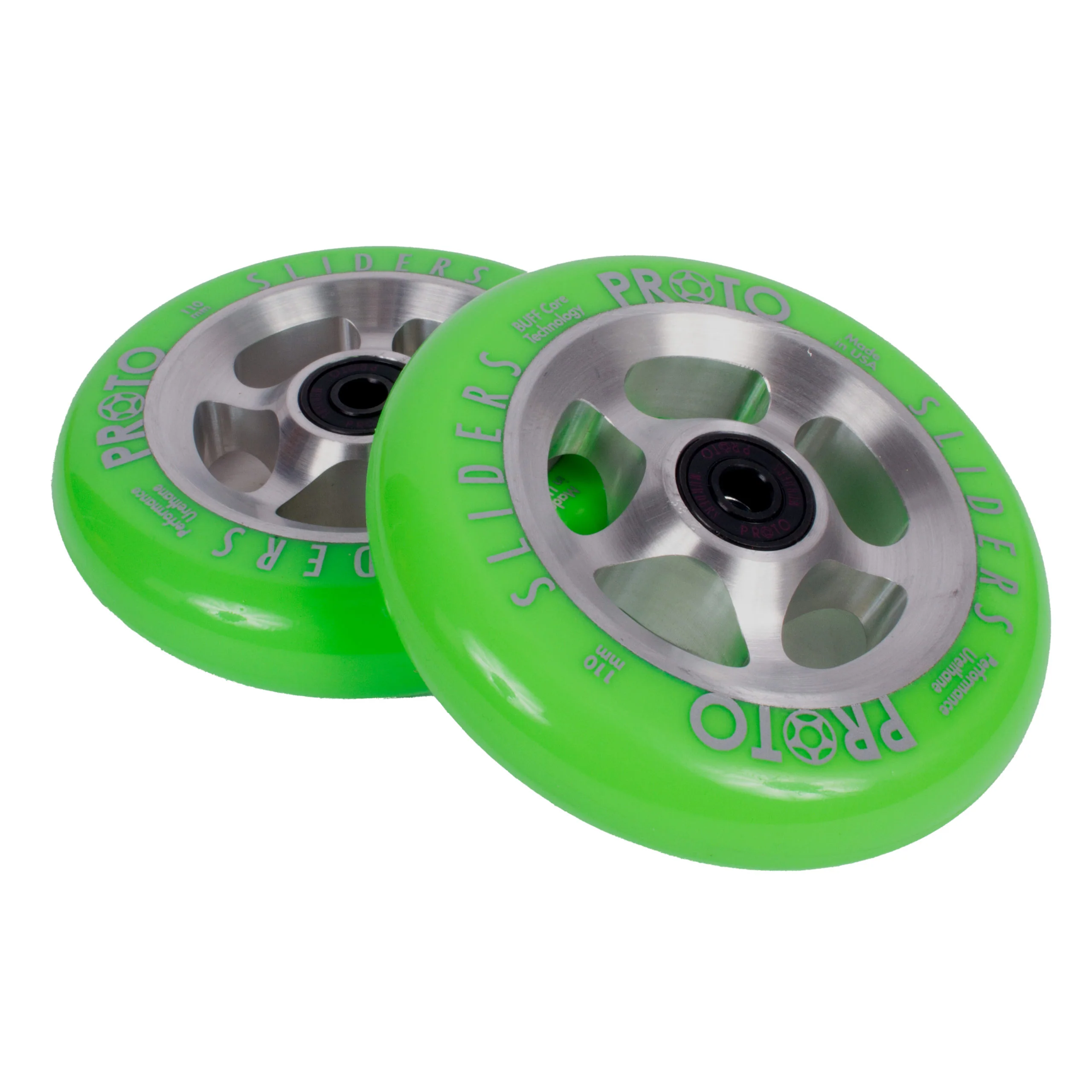 Proto StarBright Sliders Wheels 110mm - Neon Green on Raw (Pair) - Image 2