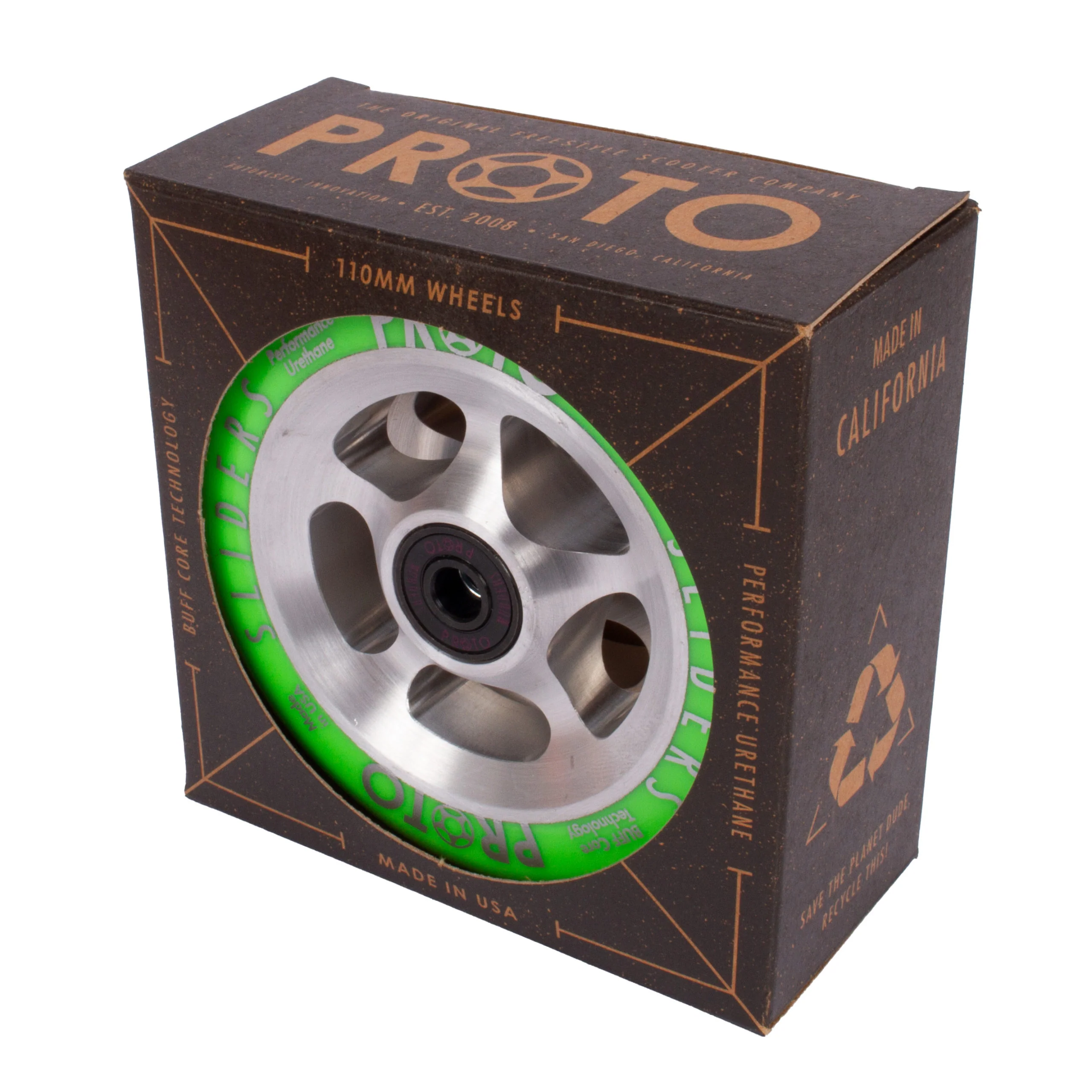 Proto StarBright Sliders Wheels 110mm - Neon Green on Raw (Pair) - Image 3