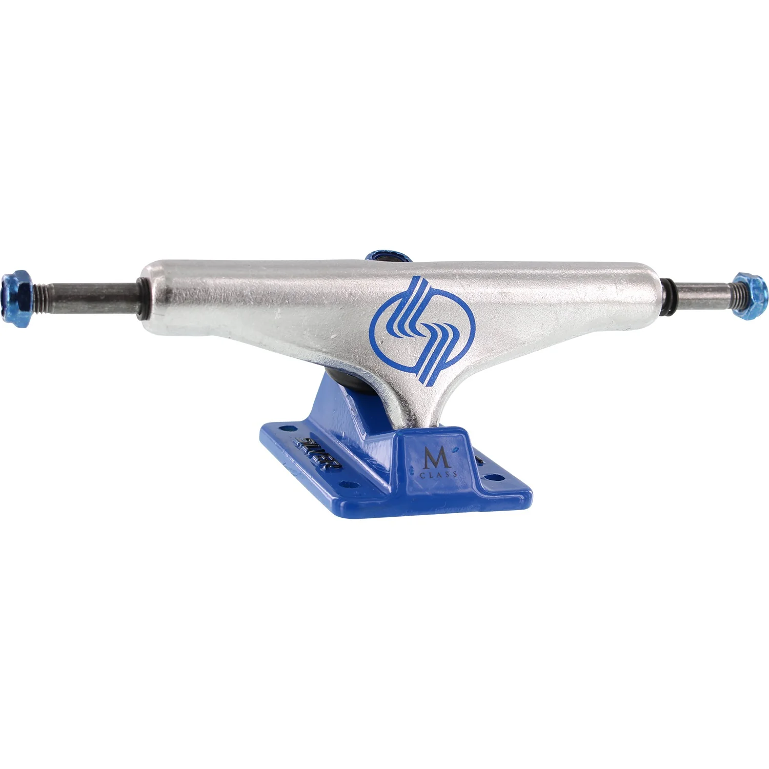 Silver M-Class Hollow Skateboard Trucks 8.5″ - Polished/Blue (Set of 2)