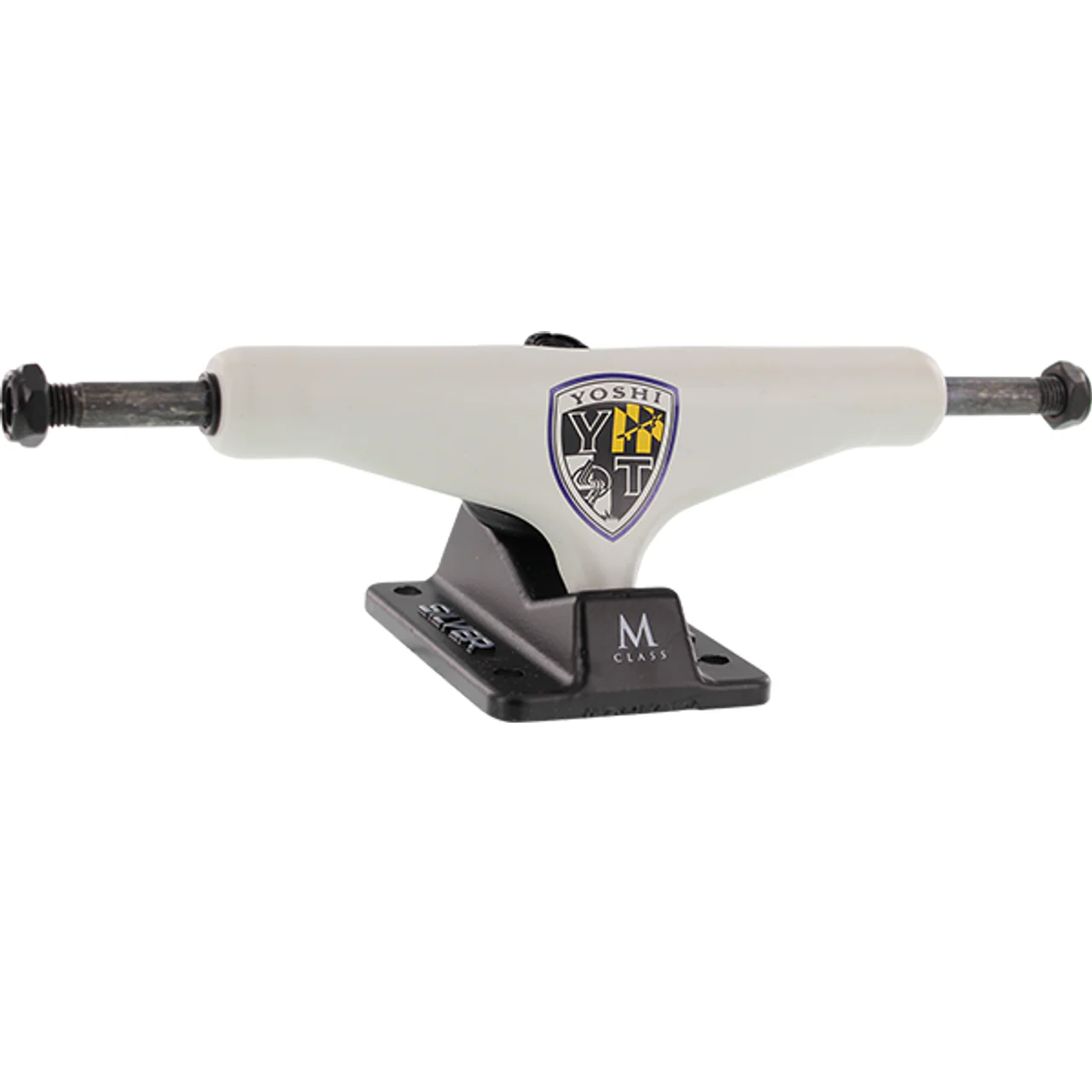 Silver Yoshi M-Hollow Skateboard Trucks 7.75″ - Off White/Black (Set of 2)